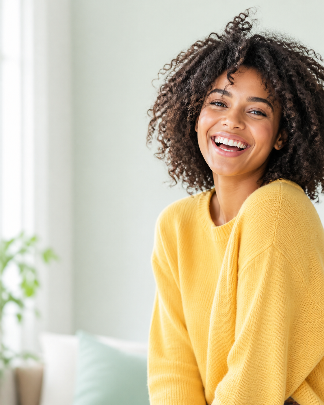 Smiling person in a calm consultation setting